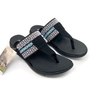 Bearpaw Womens Dakota Wedge Slip On Flip-Flops Black Embroidered Elastic Size 6